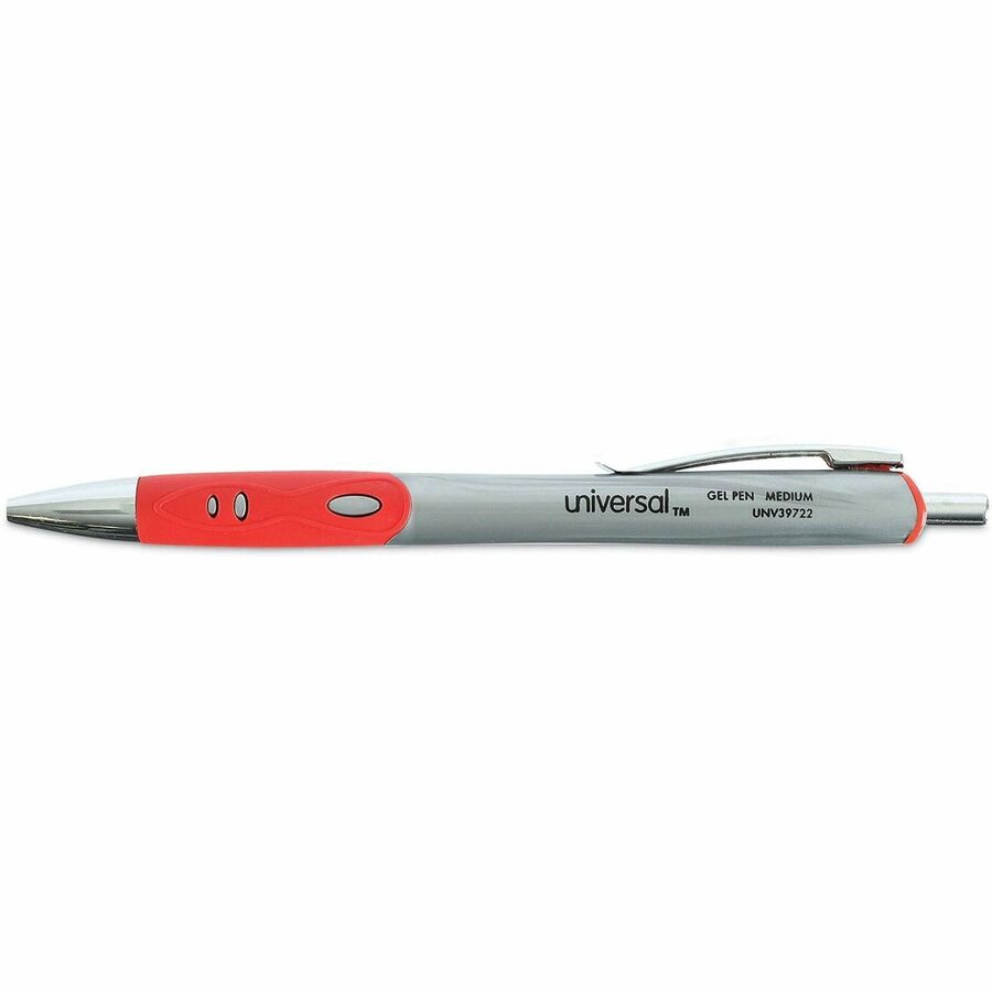 Universal Comfort Grip Gel Pen - 0.7 mm Medium Conical Pen Point - Retractable - Red Ink - Water Based - Gray, Red, Silv