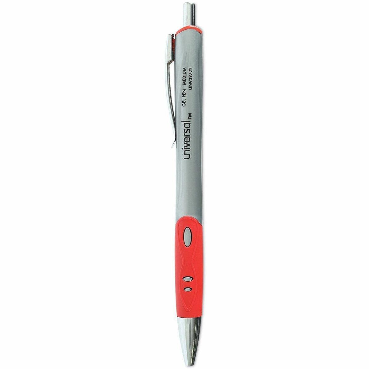 Universal Comfort Grip Gel Pen - 0.7 mm Medium Conical Pen Point - Retractable - Red Ink - Water Based - Gray, Red, Silv