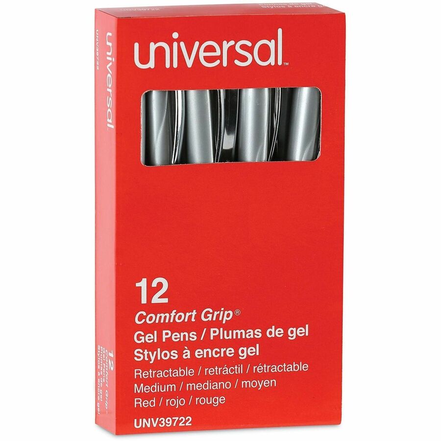 Universal Comfort Grip Gel Pen - 0.7 mm Medium Conical Pen Point - Retractable - Red Ink - Water Based - Gray, Red, Silv