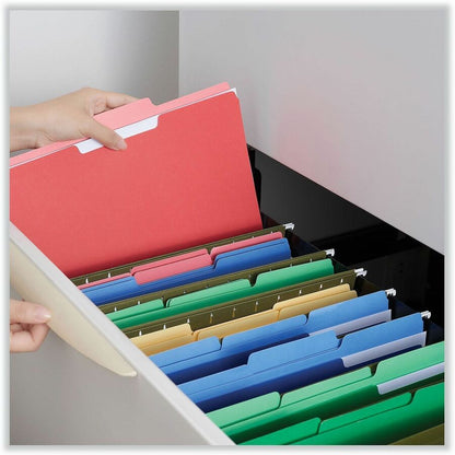 Universal 1/3 Tab Cut Letter Recycled Top Tab File Folder - 8 1/2" x 11" - Assorted Tab Position - 11 pt. - Stock - Red 