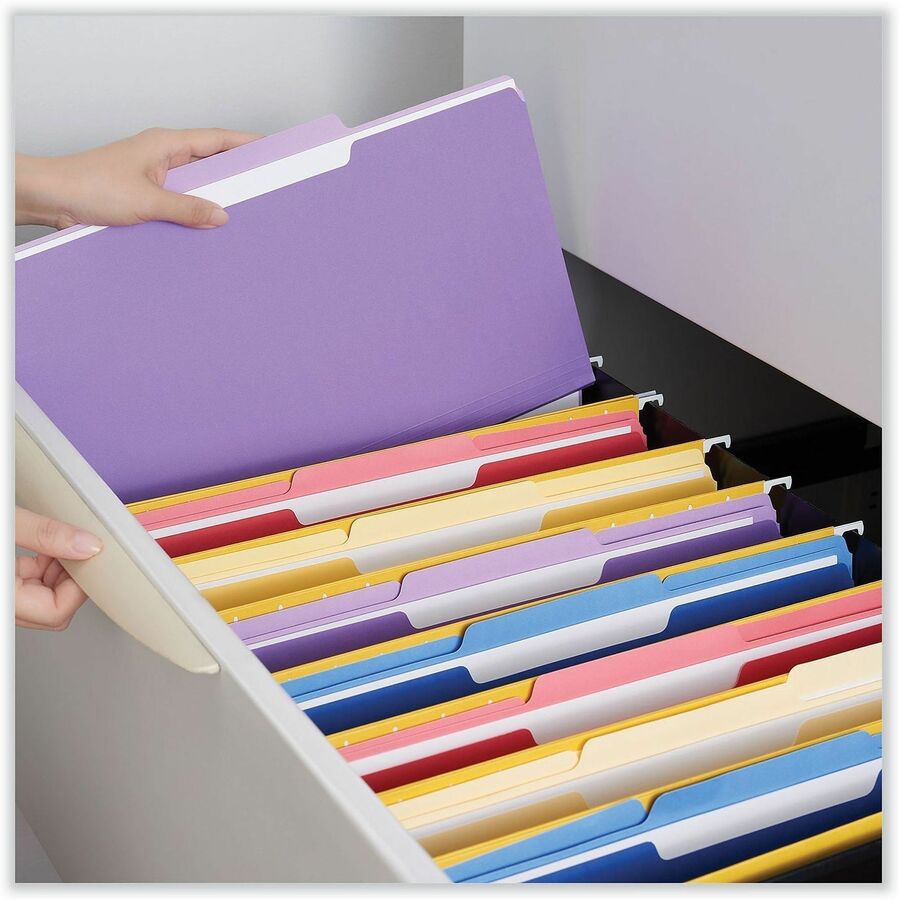 Universal 1/3 Tab Cut Letter Recycled Top Tab File Folder - 8 1/2" x 11" - Assorted Tab Position - 11 pt. - Stock - Purp