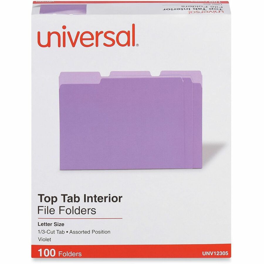 Universal 1/3 Tab Cut Letter Recycled Top Tab File Folder - 8 1/2" x 11" - Assorted Tab Position - 11 pt. - Stock - Purp