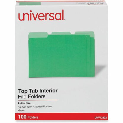 Universal 1/3 Tab Cut Letter Recycled Top Tab File Folder - 8 1/2" x 11" - Assorted Tab Position - 11 pt. - Stock - Gree