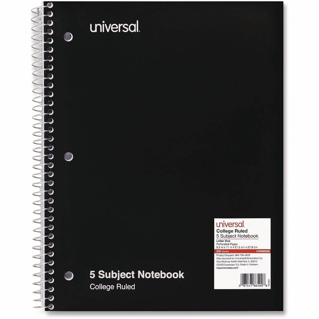 Universal Notebook - 5 Subject(s) - 200 Sheets - Spiral - Medium Ruled, College Ruled Front Ruling - 3 Hole(s) - 15 lb B