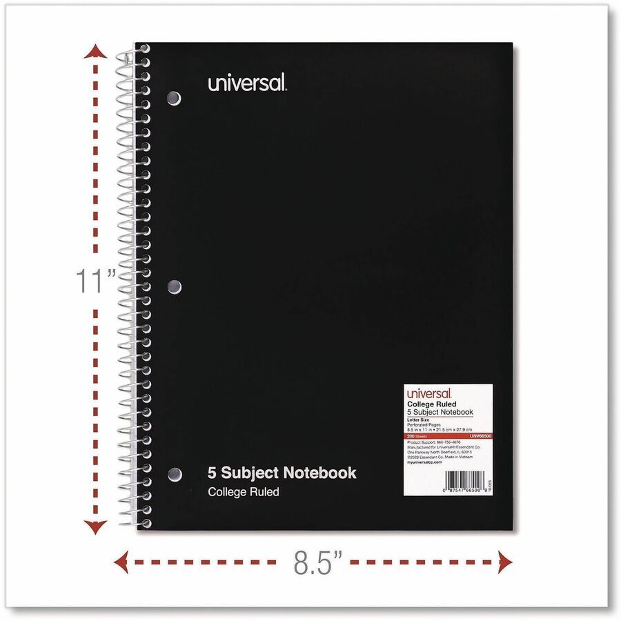 Universal Notebook - 5 Subject(s) - 200 Sheets - Spiral - Medium Ruled, College Ruled Front Ruling - 3 Hole(s) - 15 lb B