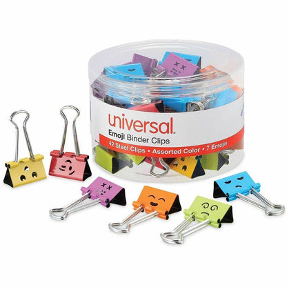 Universal Emoji Themed Binder Clips with Storage Tub, Medium, Assorted Colors, 42/Pack - Medium - 1" Width - 0.63" Size 