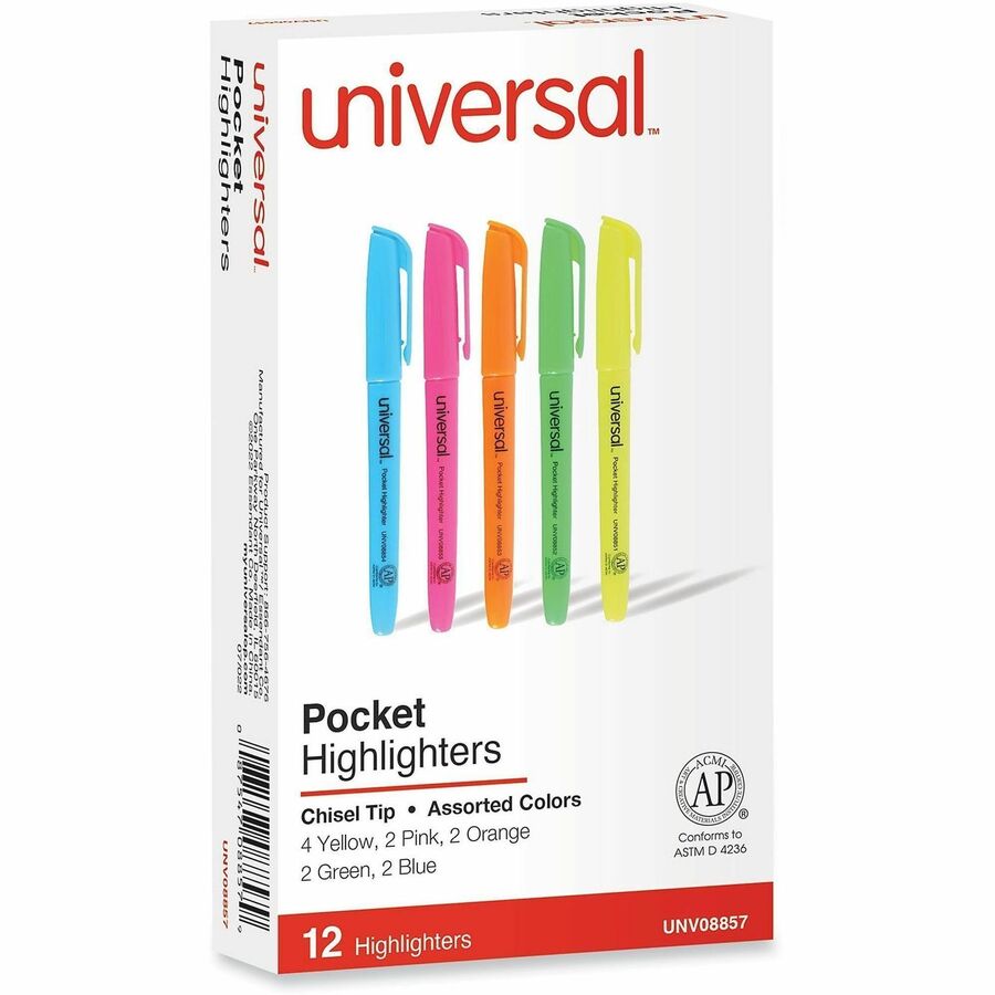 Universal Highlighter - Assorted, Fluorescent Yellow, Fluorescent Blue, Fluorescent Green, Fluorescent Orange, Fluoresce