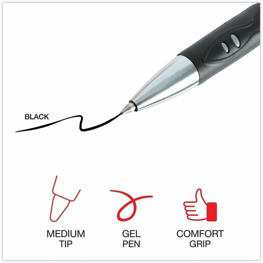 Universal Comfort Grip Gel Pen - 0.7 mm Medium Conical Pen Point - Retractable - Black Ink - Water Based - Gray, Black, 