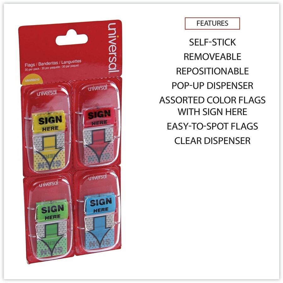 Universal Flag - 120 - 1" Flag/Note Width x 1 3/4" Flag/Note Length - Rectangle - SIGN HERE - Blue, Green, Red, Yellow -