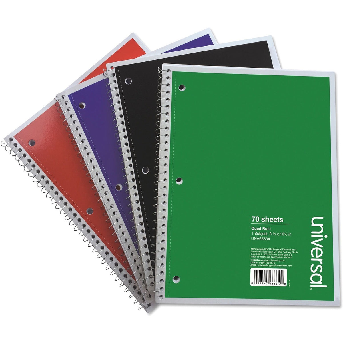 Universal Notebook - 1 Subject(s) - 70 Sheets - Spiral - Quad Ruled Front Ruling - 3 Hole(s) - 15 lb Basis Weight - 4 / 