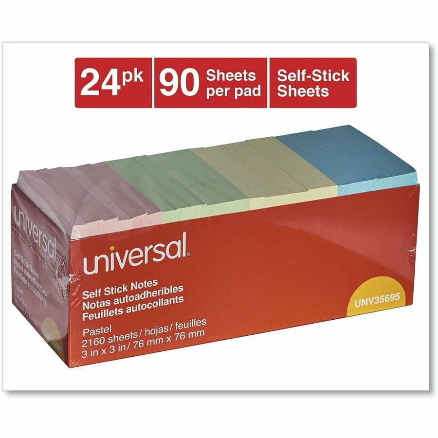 Universal Notepad - 90 Sheets - 3" x 3" Sheet Size - Assorted Pastel Paper - Paper Cover - 24 / Pack
