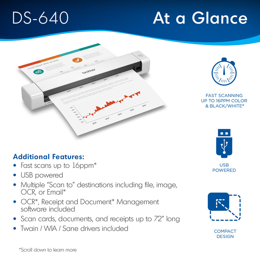 Brother DSMobile DS-640 Sheetfed Scanner - 600 dpi Optical - 24-bit Color - 8-bit Grayscale - 16 ppm (Mono) - 16 ppm (Co