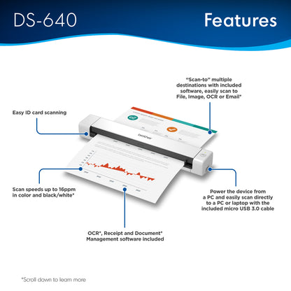 Brother DSMobile DS-640 Sheetfed Scanner - 600 dpi Optical - 24-bit Color - 8-bit Grayscale - 16 ppm (Mono) - 16 ppm (Co