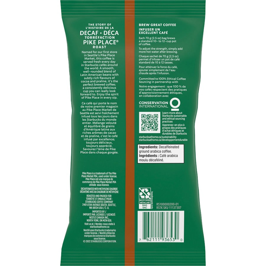 Starbucks Decaf Pike Place Coffee Pack - Medium - 2.5 oz Per Packet - Pike Place - Decaffeinated - 18 / Box