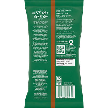 Starbucks Decaf Pike Place Coffee Pack - Medium - 2.5 oz Per Packet - Pike Place - Decaffeinated - 18 / Box