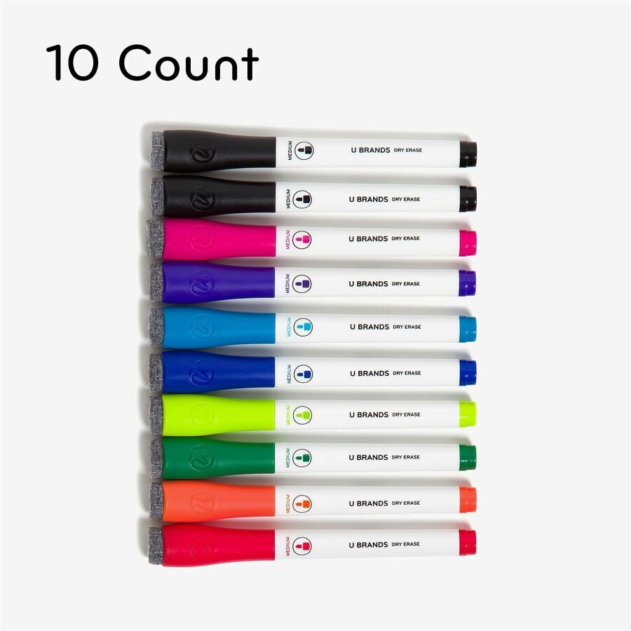 U Brands Dry-Erase Markers - Erasable - Assorted Ink - White Plastic Barrel - 10 / Pack