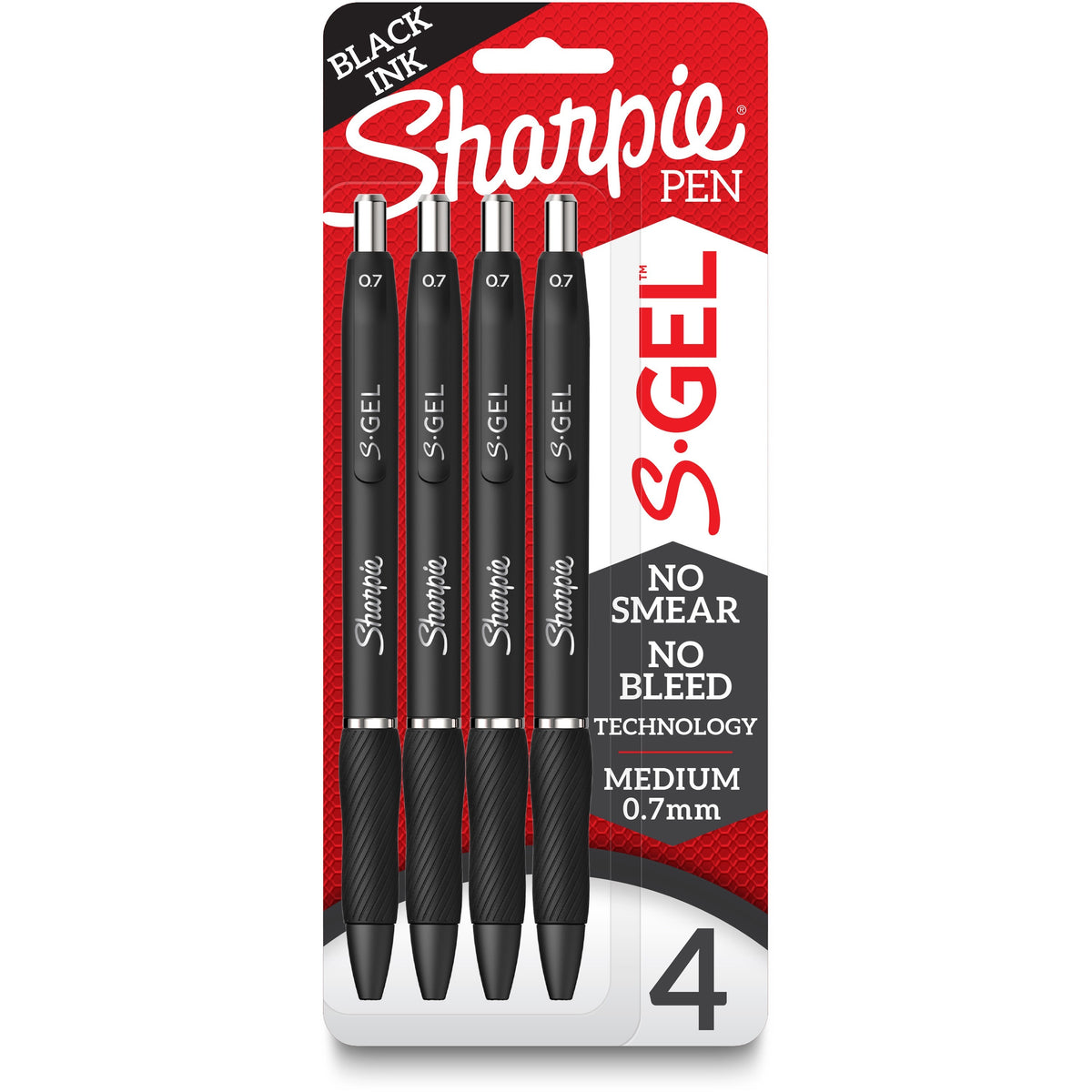 Sharpie S-Gel Pens - 0.7 mm Medium Pen Point - Refillable - Retractable - Black Ink - Gel-based - Black Barrel - 4 / Pac