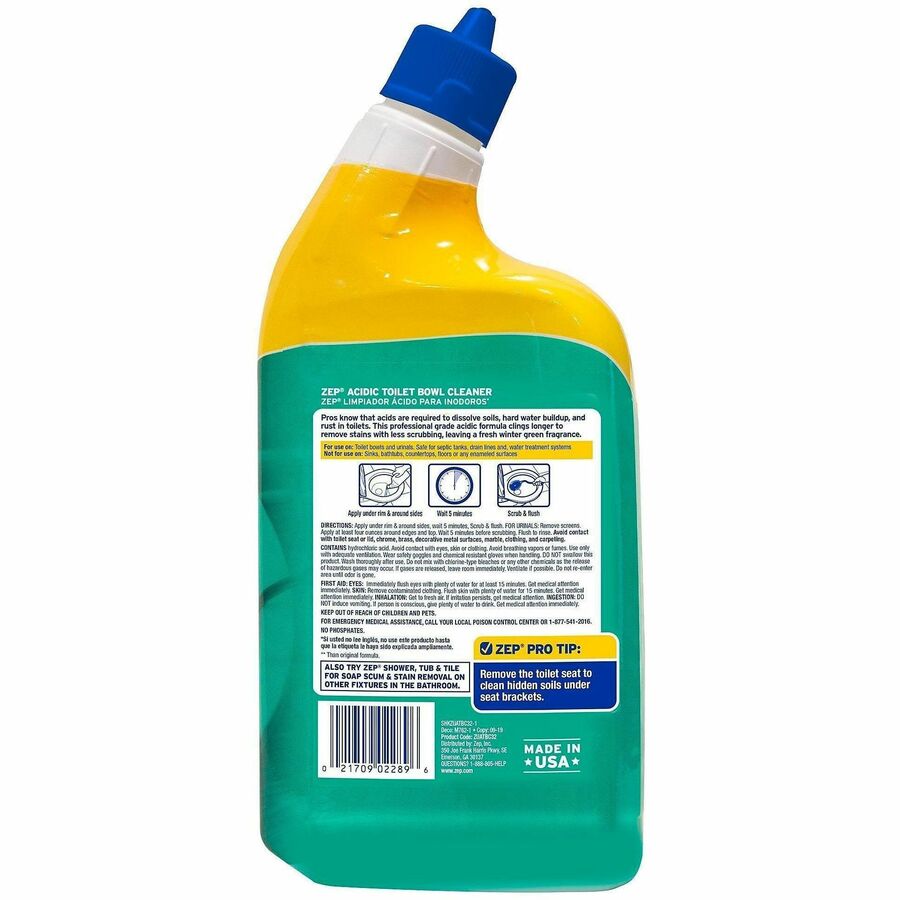 Zep Acidic Toilet Bowl Cleaner - 32 fl oz (1 quart) - Wintergreen Scent - White - 12 / Carton