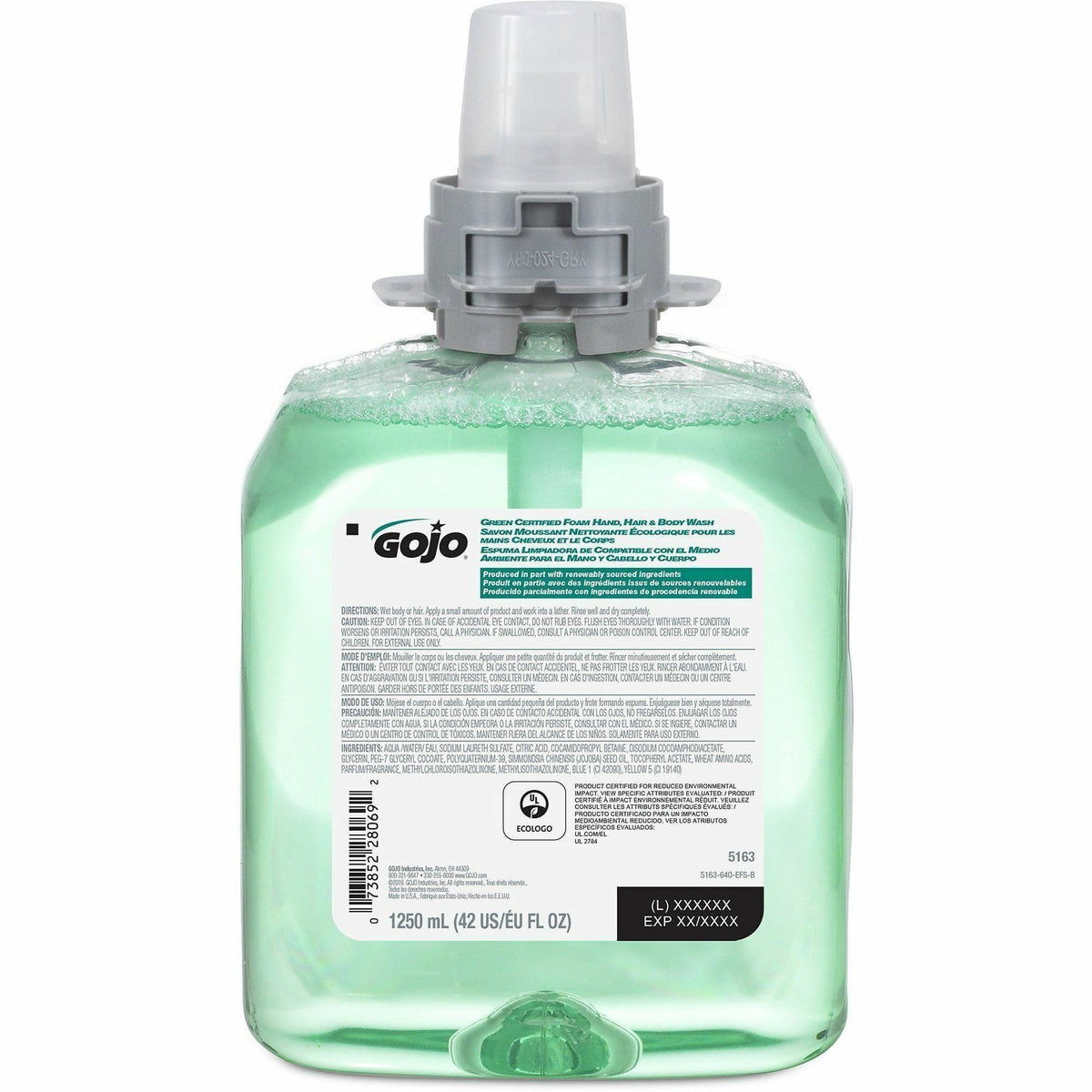 Gojo® FMX-12 Refill Green Certified Hair/Body Wash - Cucumber Melon Scent - 42.3 fl oz (1250 mL) - Kill Germs - Body, Ha