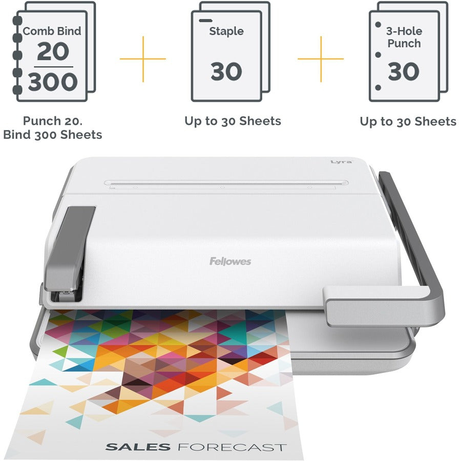 Fellowes Lyra 3-in-1 Binding Center - CombBind - 300 Sheet(s) Bind - 30 Punch - 6" Height x 16.6" Width x 15.6" Depth - 