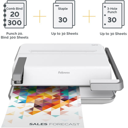 Fellowes Lyra 3-in-1 Binding Center - CombBind - 300 Sheet(s) Bind - 30 Punch - 6" Height x 16.6" Width x 15.6" Depth - 