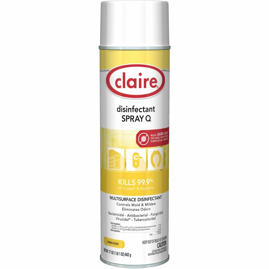 Claire Multipurpose Disinfectant Spray - Ready-To-Use - 17 fl oz (0.5 quart) - Lemon Scent - Antibacterial - Yellow - 12