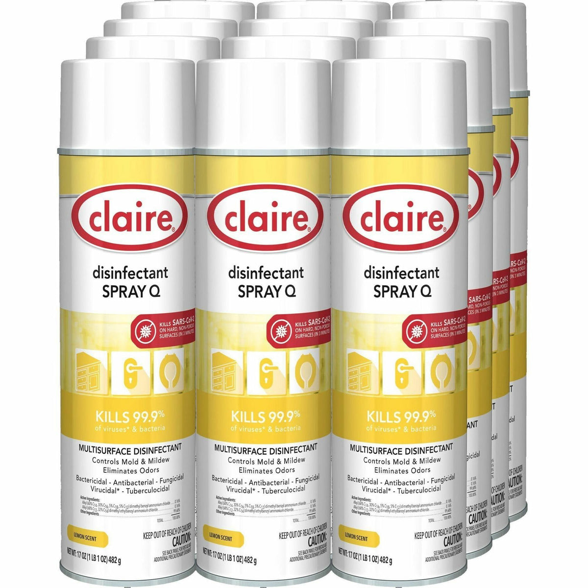 Claire Multipurpose Disinfectant Spray - Ready-To-Use - 17 fl oz (0.5 quart) - Lemon Scent - Antibacterial - Yellow - 12