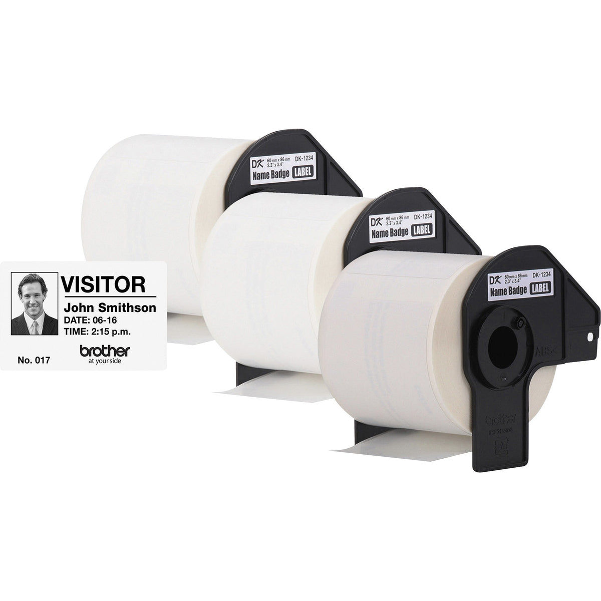 Brother DK Name Badge Label - 3 2/5" Width x 2 19/64" Length - Rectangle - Thermal - White - Paper - 260 / Roll - 3 / Bo
