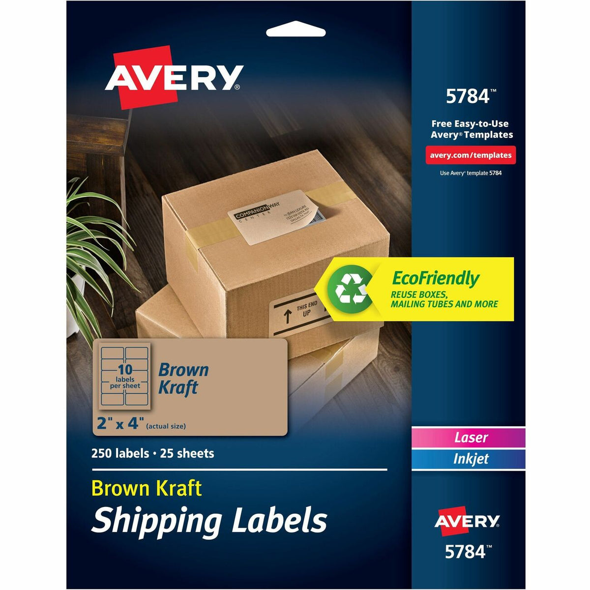Avery® Shipping Labels,, Kraft Brown, 2" x 4" , 250 Labels (5784) - 2" Height x 4" Width - Permanent Adhesive - Rectangl