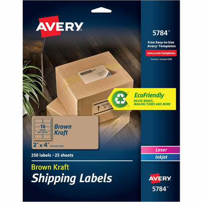 Avery® Shipping Labels,, Kraft Brown, 2" x 4" , 250 Labels (5784) - 2" Height x 4" Width - Permanent Adhesive - Rectangl