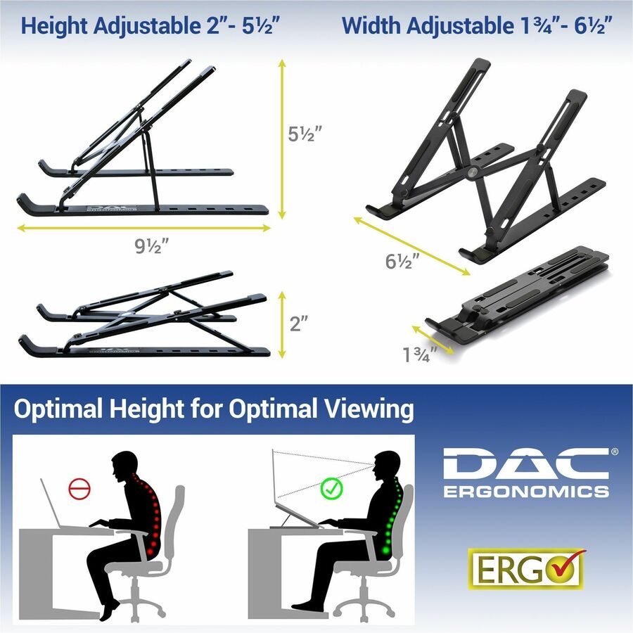 DAC® MP-222 Portable and Adjustable Laptop/Tablet Stand, Black - Upto 15.6" Screen Size Notebook, Tablet, Cell Phone Sup
