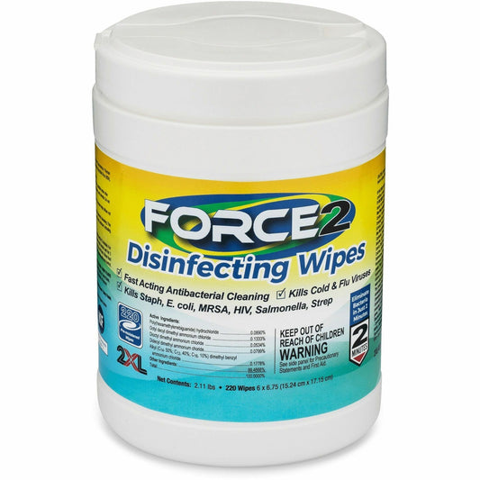 2XL FORCE2 Disinfecting Wipes - Wipe - 6.75" Length x 6" Width - Recommended For: Bacteria Remover, Virus Remover, Coron