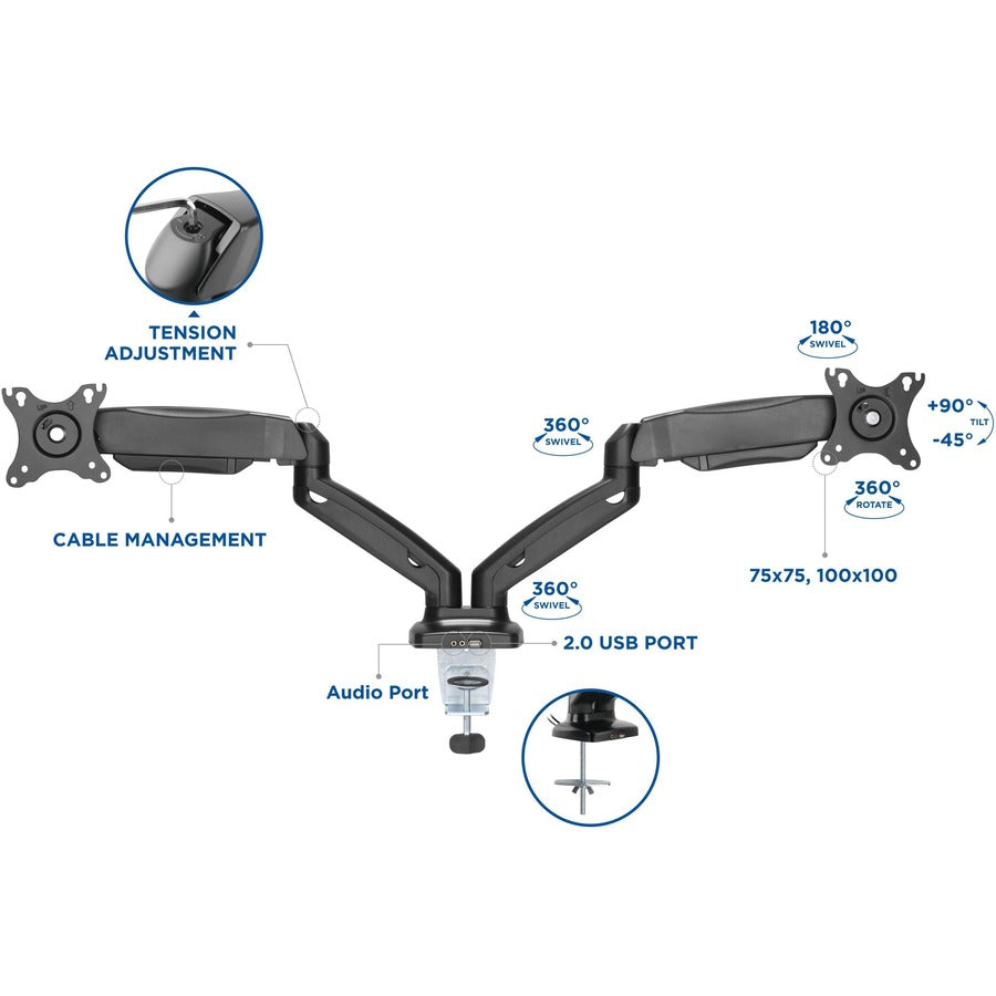Lorell Mounting Arm for Monitor - Black - Height Adjustable - 2 Display(s) Supported - 14.30 lb Load Capacity - 75 x 75,
