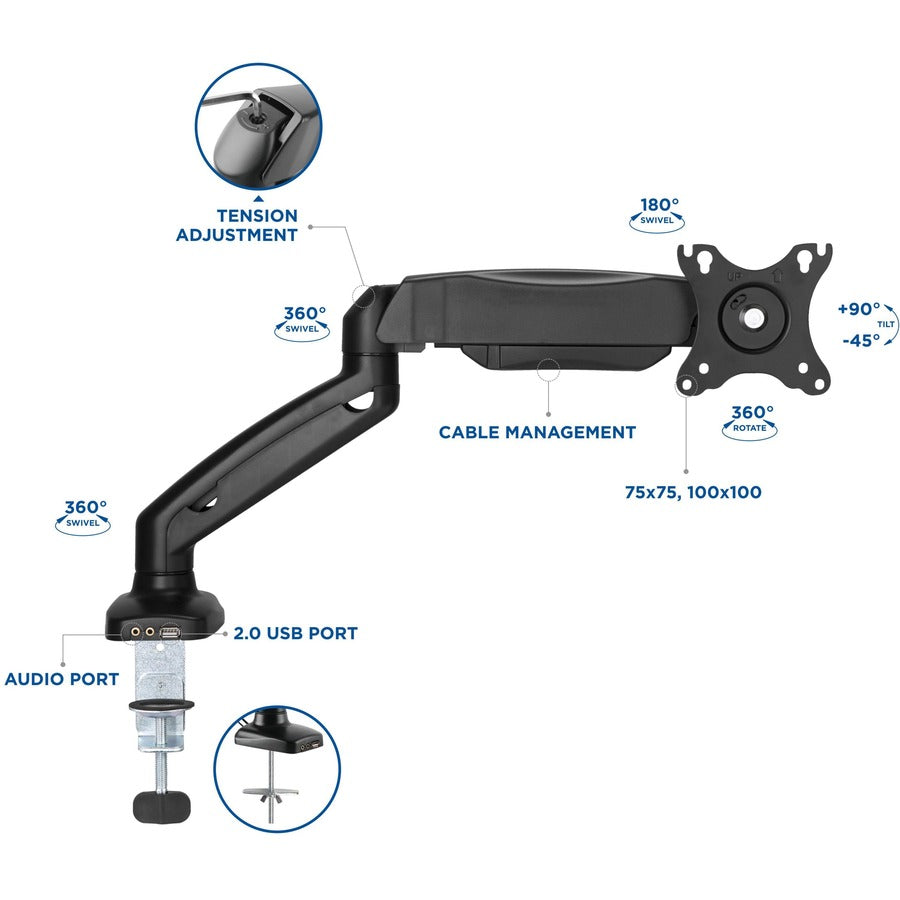 Lorell Mounting Arm for Monitor - Black - Height Adjustable - 1 Display(s) Supported - 14.30 lb Load Capacity - 75 x 75,