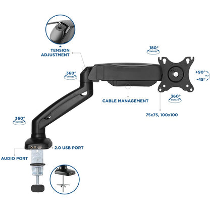 Lorell Mounting Arm for Monitor - Black - Height Adjustable - 1 Display(s) Supported - 14.30 lb Load Capacity - 75 x 75,