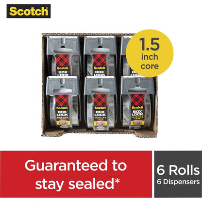 Scotch Box Lock Dispenser Packaging Tape - 22.20 yd Length x 1.88" Width - Clear - Dispenser Included - 6 Rolls/Pack - 6