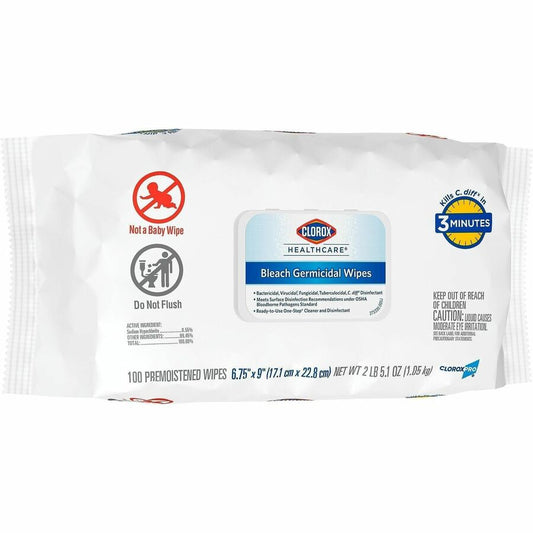 Clorox Healthcare Bleach Germicidal Wipes - 9" Length x 6.75" Width - Disinfectant - White - 100/Pouch - 6 / Carton