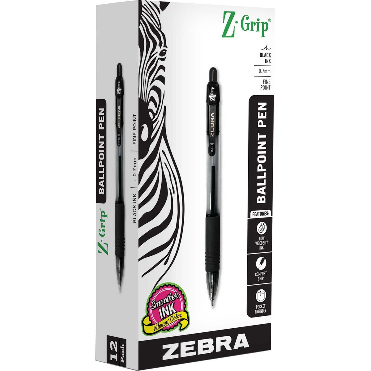 Zebra Pen Z-Grip Retractable Ballpoint Pens - 0.7 mm Pen Point - Retractable - Black Ink - 1 Dozen