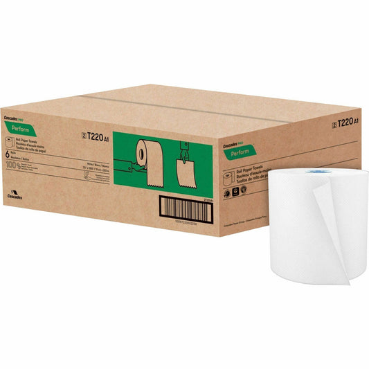 Cascades PRO Perform Tandem Paper Towel - 1 Ply - 1 15/16" Core - White - 6 Rolls Per Container - 6 / Carton
