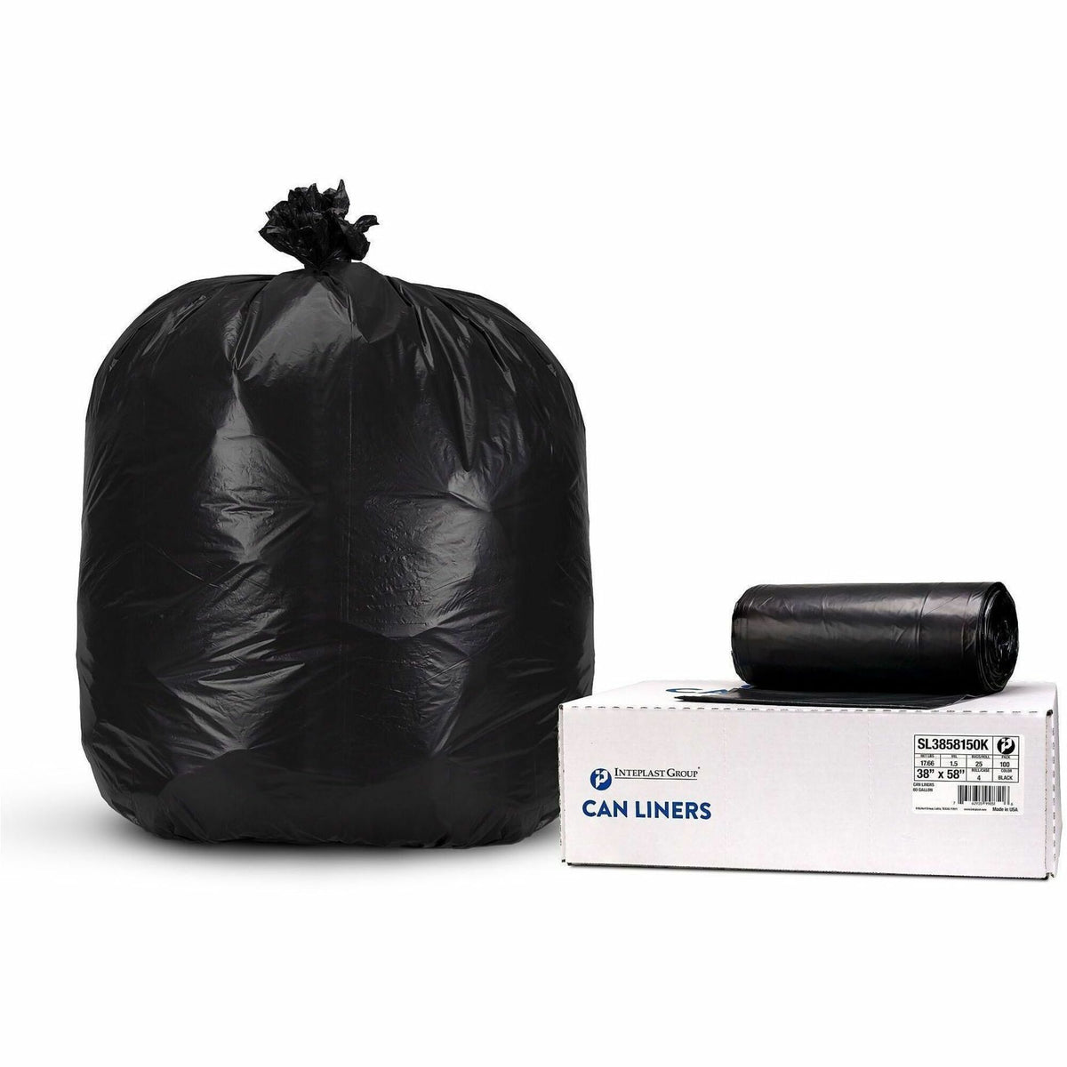 Inteplast LLDPE Can Liners, 1.5 mil, 38" x 58" , Black, Pack Of 100 Liners - 60 gal Capacity - 58" Width x 1.50 mil (38 