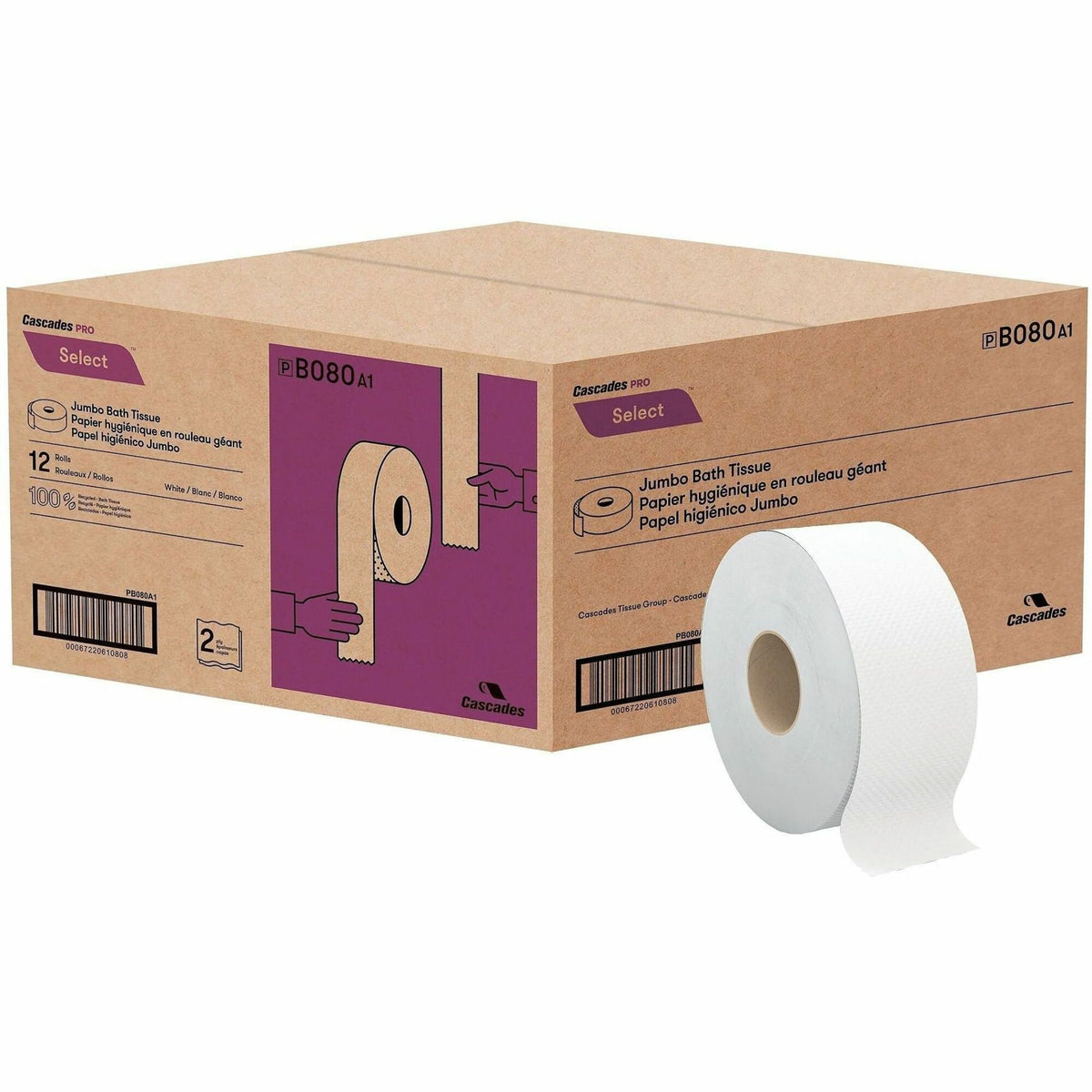 Cascades PRO Select Jumbo Toilet Paper - 2 Ply - 3.30" Width x 500 ft Length - White - Fiber - 12 / Carton