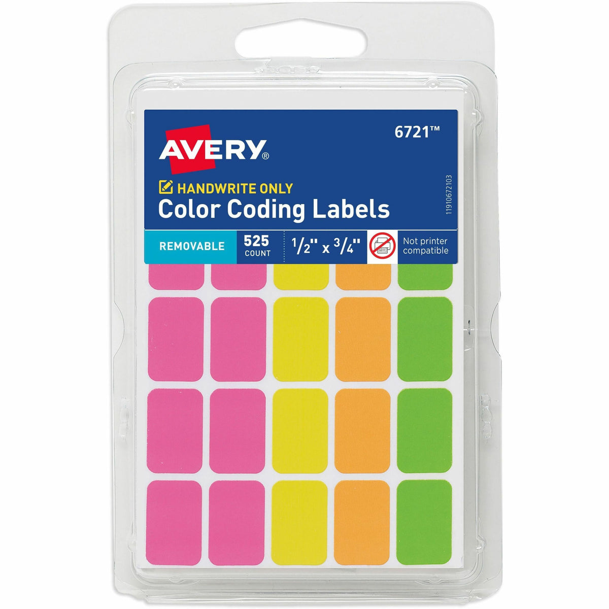 Avery® Removable Labels, 1/2" x 3/4" , Neon, 525 Total (6721) - 3/4" Height x 1/2" Width x 3/4" Length - Removable Adhes