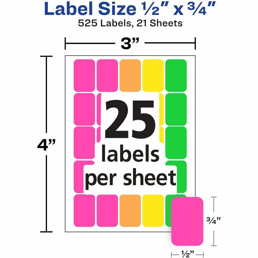 Avery® Removable Labels, 1/2" x 3/4" , Neon, 525 Total (6721) - 3/4" Height x 1/2" Width x 3/4" Length - Removable Adhes