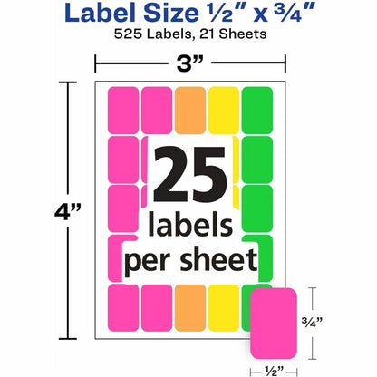 Avery® Removable Labels, 1/2" x 3/4" , Neon, 525 Total (6721) - 3/4" Height x 1/2" Width x 3/4" Length - Removable Adhes