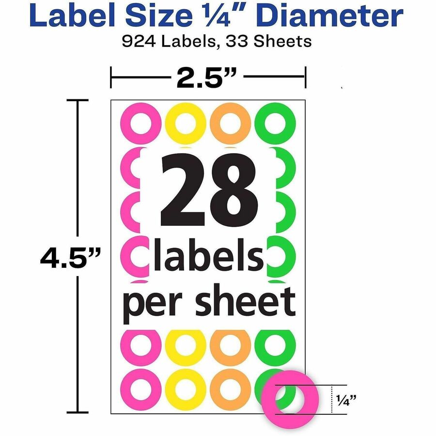 Avery® Reinforcement Stickers, 1/4" , Neon, 924 Total (6750) - 0.3" Diameter - 3 x Holes - Round - Assorted - Paper - 92