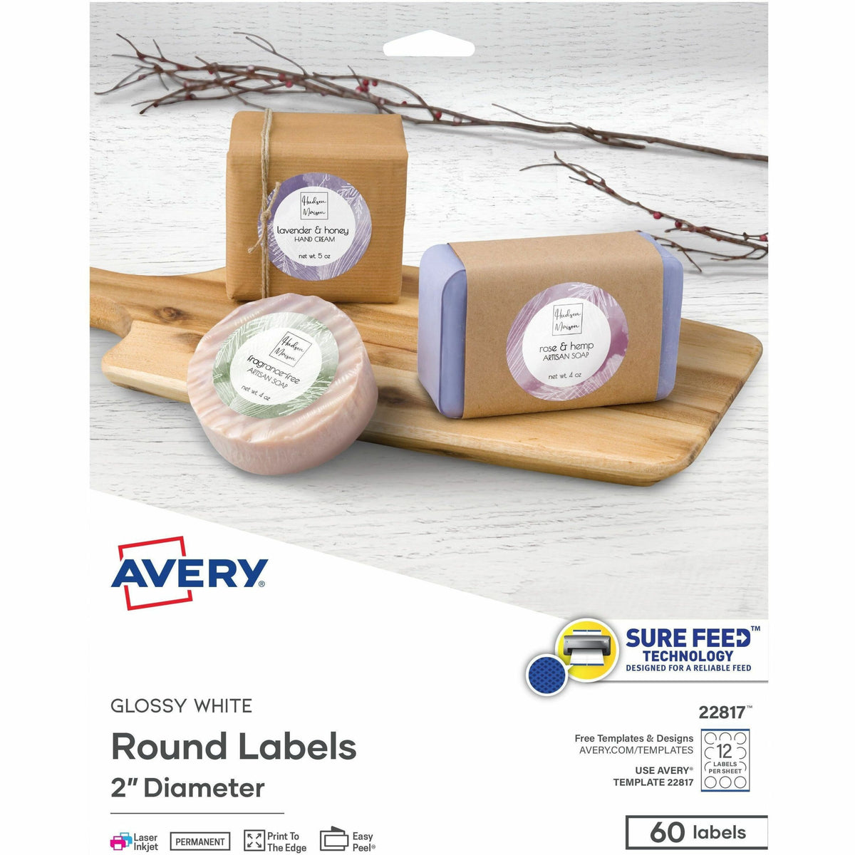Avery® Printable Round Labels , 2" , Glossy White, 60 Labels (22817) - x 2" Diameter - Permanent Adhesive - Round - Lase