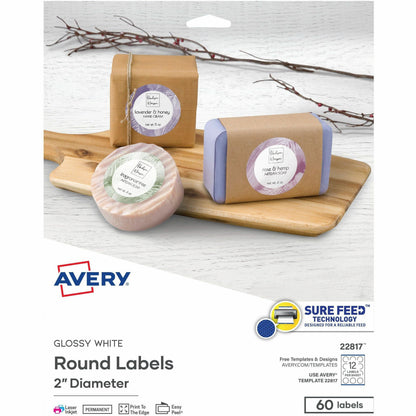 Avery® Printable Round Labels , 2" , Glossy White, 60 Labels (22817) - x 2" Diameter - Permanent Adhesive - Round - Lase