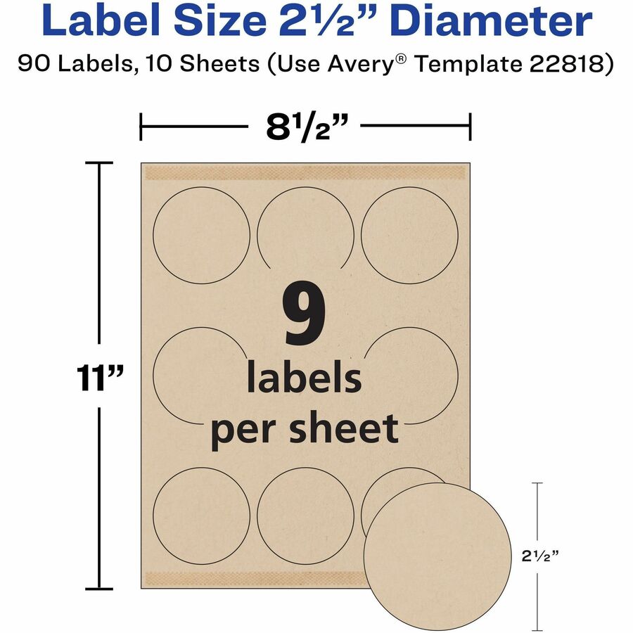Avery® Print-To-The-Edge Kraft Brown Labels - Waterproof - x 2 1/2" Diameter - Permanent Adhesive - Round - Inkjet, Lase