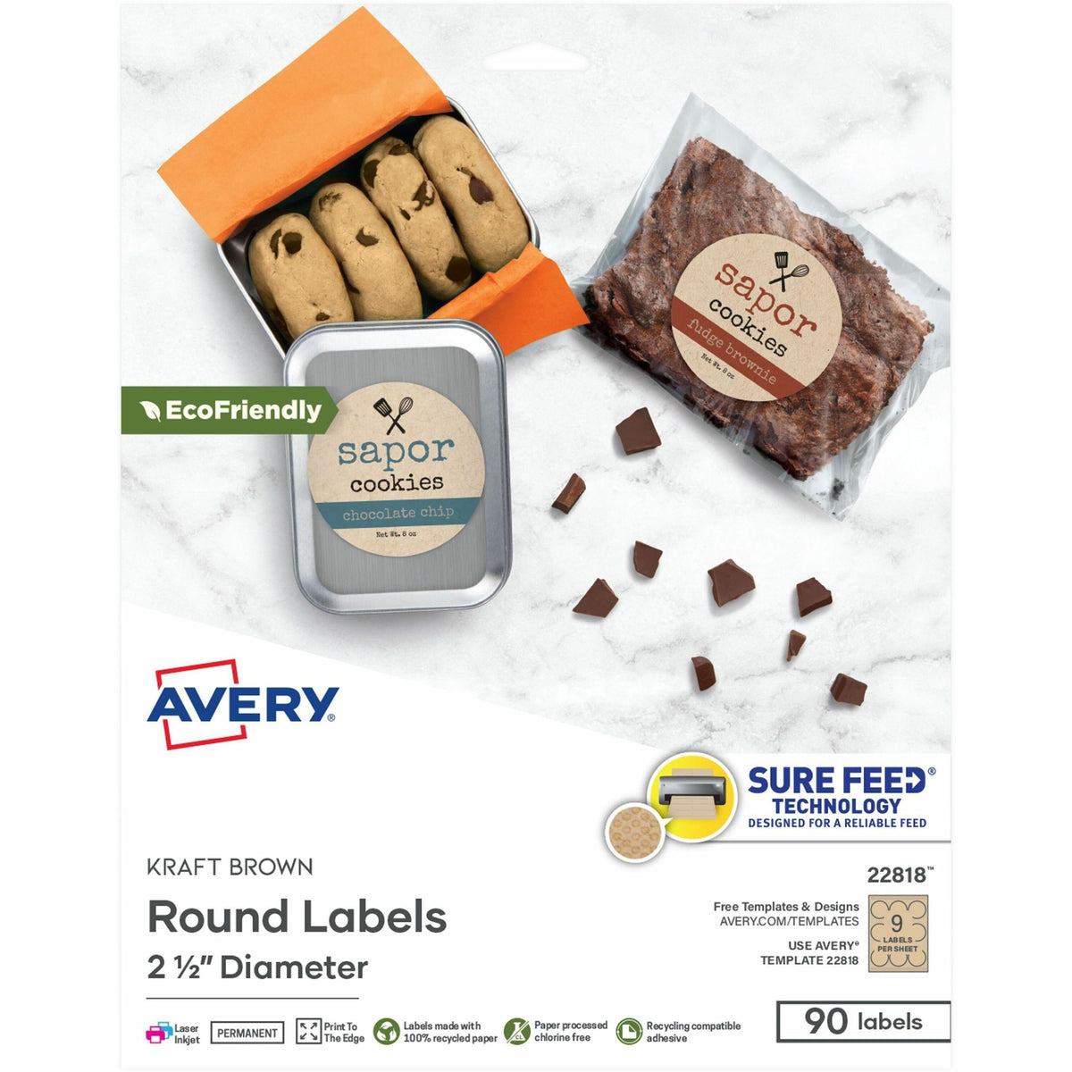 Avery® Print-To-The-Edge Kraft Brown Labels - Waterproof - x 2 1/2" Diameter - Permanent Adhesive - Round - Inkjet, Lase