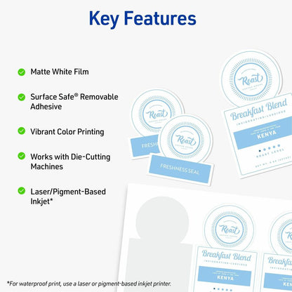 Avery® Surface Safe Printable Decal Stickers - x 8 1/2" Width x 11" Length - Removable Adhesive - Rectangle - Inkjet, La